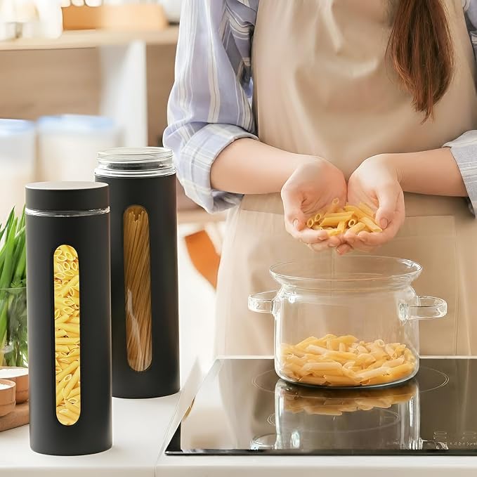 Patelai 6 Pack Kitchen Canisters Set Airtight Stainless Steel Canister Food Storage Container with Window Glass, Coffee Sugar Candy Jars Tea Organizer for Flour Cookies Spice (Black,60 oz) - Image 6