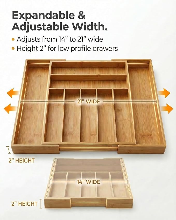 Expandable Bamboo Silverware Drawer Organizer – Adjustable 21" Wide Wooden Utensil Tray with 9-Compartments, Large Kitchen Flatware & Spoon Holder, Natural Solid Wood for Drawers - Image 2