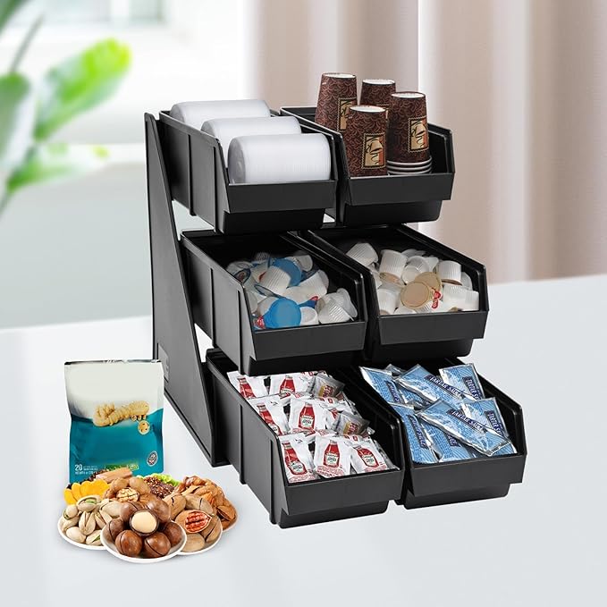 6 Compartment Serve Condiment Bin, 3-Tier Self Serve Condiment Bin Stand, Plastic Containers Storage Bins, Countertop Condiment Organizer for Coffee Shops Restaurants Bars - Image 4