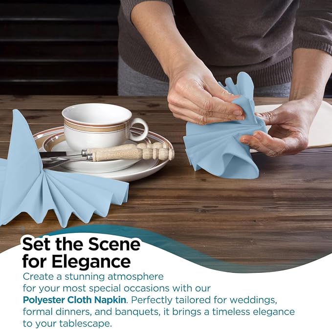 150 pcs Light Blue 17"x17" Polyester Cloth Napkins | Premium, soft, & durable square linen napkins, perfect for weddings, dining, restaurants, & parties. Washable. - Image 5