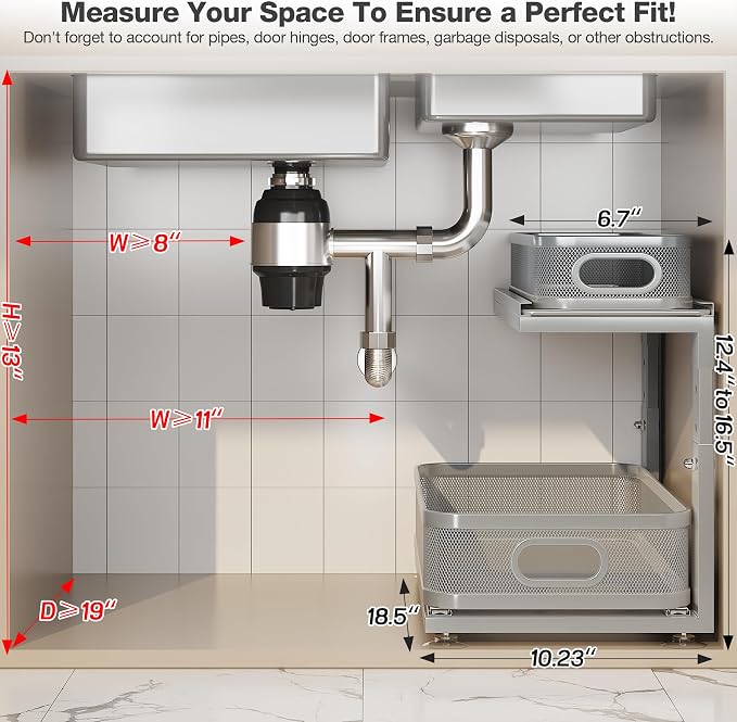 2 Pack 18.5IN-Depth Under Sink Organizer With Next-Gen Ball-Bearing Slides,2-Tier Precision Mesh Pull Out Cabinet Storage for Bathroom&Kitchen,Height Adjustable Drawers Shelf,Anti-rust-Grey - Image 2