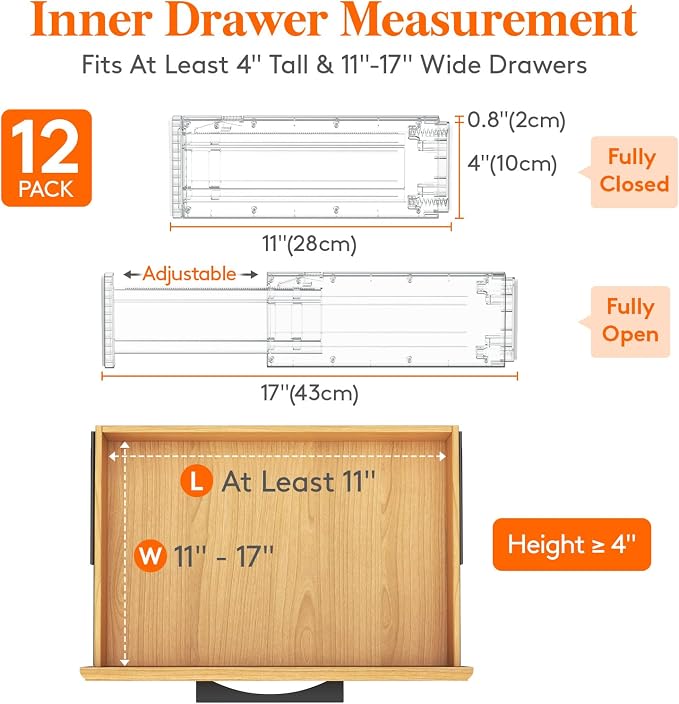 Lifewit 12 Pack 4" High Drawer Dividers 28-43.5cm/11-17" Adjustable Drawer Organizer for Clothes/Utensils, Expandable Drawer Organizer in Dresser/Kitchen/Bedroom/Office Organization & Storage Clear - Image 2