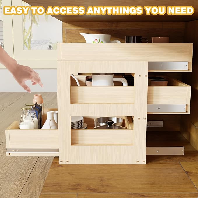 Pull Out Cabinet Organizer, 17''W×21''D×19''H Soft Close Slide Out Wooden Pull out Drawers, Three Tier Slide out Wood Cabinet Organizer, for Base Cabinet Organization in Kitchen, Pantry, Bathroom - Image 6