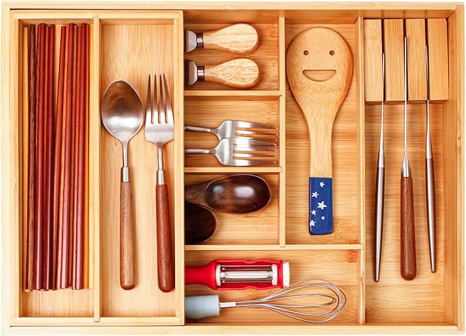 COIWAI Double Layer Bamboo Drawer Organizer Cutlery Utensil Silverware Drawer Organizer, cutlery Silverware Tray for Drawer, Utensil Holder Drawer Dividers for Flatware (L: 16.85 × 12.2 in) by 100NaturalBambooFurniture