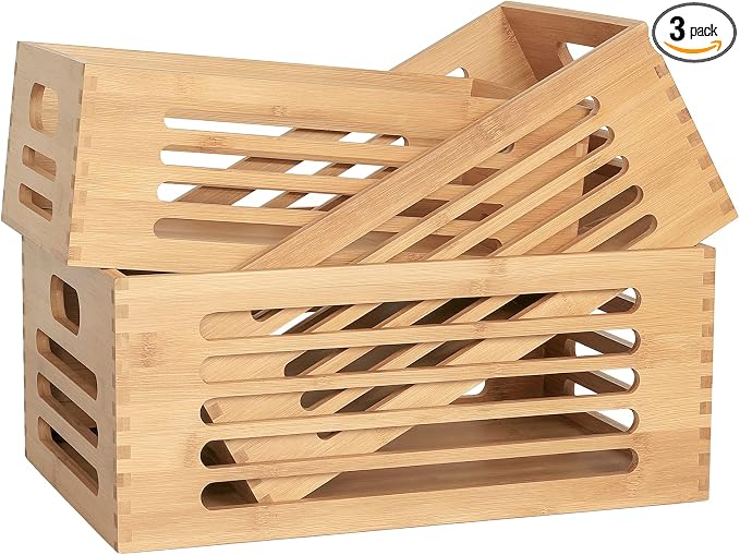 ANMINY Wood Storage Bins Crates, Nesting 3PCS, Mortise-Tenon | Natural Bamboo Boxes Bins with Built-in Handles, Sturdy Corner Joints, Hollow Stripe Design, Nestable for Pantry Shelf by ANMINY
