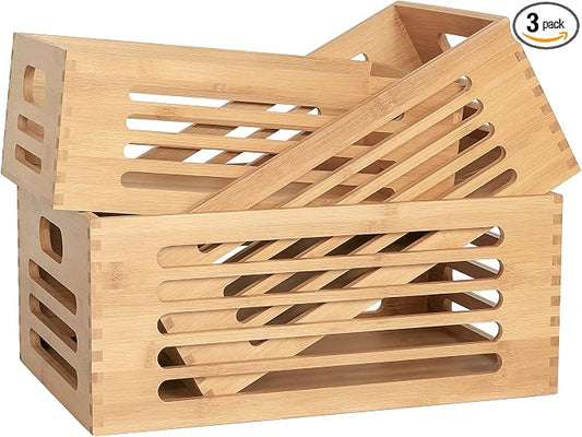 ANMINY Wood Storage Bins Crates, Nesting 3PCS, Mortise-Tenon | Natural Bamboo Boxes Bins with Built-in Handles, Sturdy Corner Joints, Hollow Stripe Design, Nestable for Pantry Shelf by ANMINY