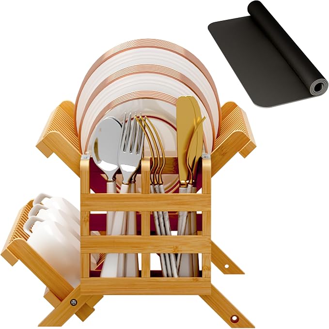 Greenual Bamboo Dish Drying Rack with Utensil Holder, 2 Tier Collapsible Dish Rack, Wooden Dish Racks for Kitchen Counter, Folding Drying Holder with Absorbent Dish Drying Mat - Image 7