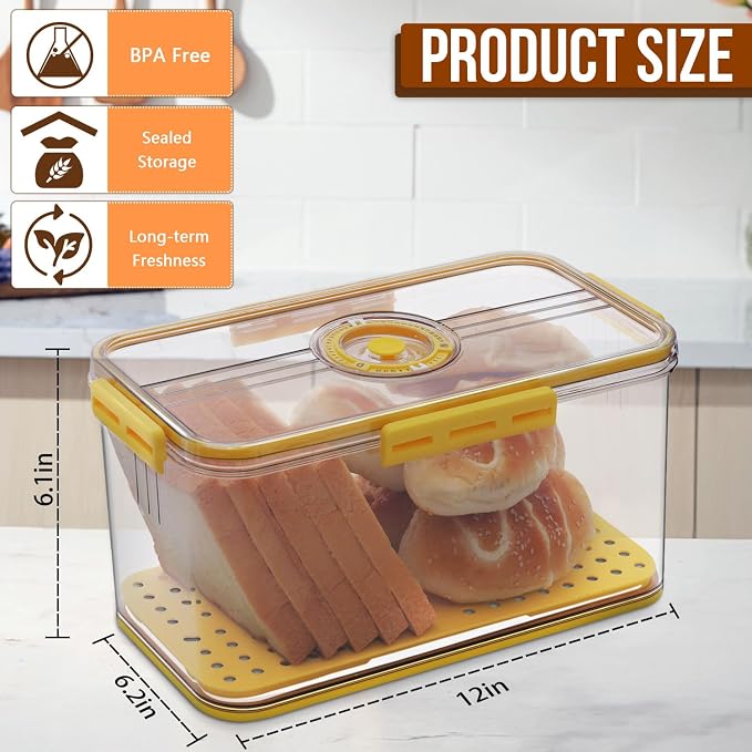 Gifhomfix Bread Box Airtight Bread Boxes for Kitchen Counter, Time Recording Bread Storage Container with Lid, Bread Holder for Homemade Bread, Toast, Bagel, Donut and Cookies, Yellow - Image 2