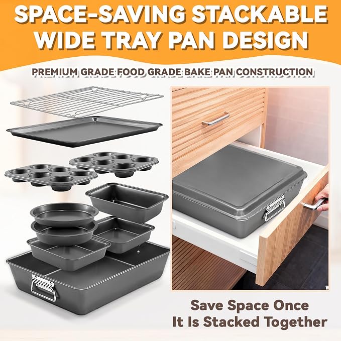 12PCS Nonstick Bakeware Set, Non-Toxic Carbon Steel Baking Pans Set with Wider Grip, Includes Roasting Pan, Cookie Sheet, Cake Pans, Muffin Pans, Cooling Rack, Oven Mitts, Easy Release - Image 2