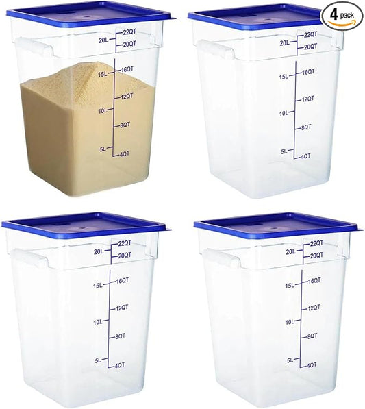 BIEAMA 4 Pack 22 Qt Square Food Storage Containers with Lids, NSF, Clear | Commercial polycarbonate containers with scale markings and handles; stackable for prep, brining, fermentation & bulk storage by BIEAMA