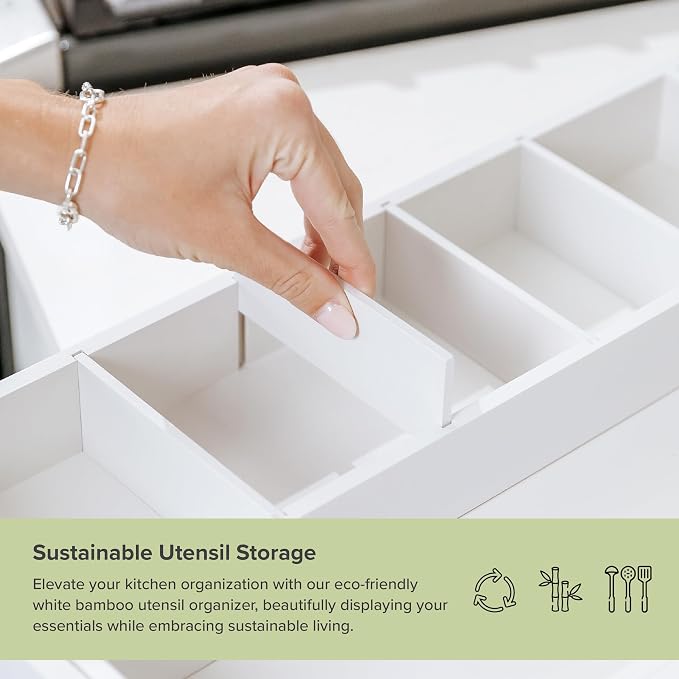 Utensil & Junk Drawer Organizer, 10.5-19 in, White Bamboo | Food-safe contract grade, 100% sustainable wood, non-slip, adjustable - Image 4