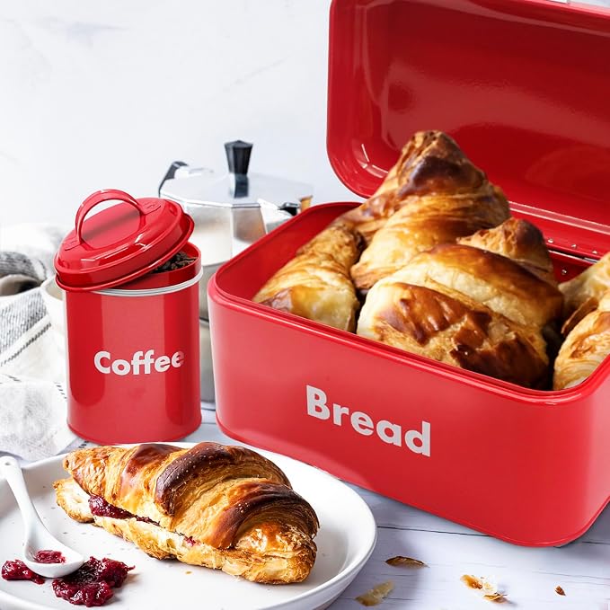 Plexon Bread Box for Kitchen Countertop, Bread Container with Coffee, Tea, Sugar Canisters, Metal 4-Piece Bread Box Set with Lids, Red - Image 6