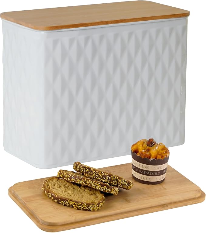 Extra Large Diamond Pattern Embossed Bread Box with Bamboo Lid | Corner Breadbox for Homemade Bread, White Metal Bread Storage Container Bin for Kitchen Countertop, Fits 2 Loaves of Bread by Unknown