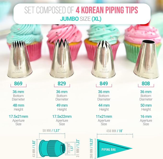 Professional Icing Tips Set (7pcs): Reusable Pastry Bag + 4 Extra Large Piping Tips (849, 869, 829, 808), for Decorating Cupcakes, Cakes & Churros - Piping Nozzles Kit Made in Korea & Japan - Image 6