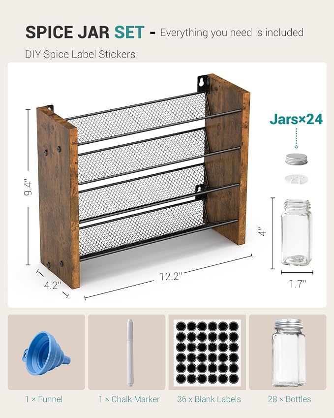 NESAPTO Spice Rack Organizer with 24 Glass Spice Jars, Wood 4-Tier Seasoning Organizer with Labels for Cabinet, Pantry, Countertop or Wall Mount, Chalk Marker and Funnel Set, 12.2" W × 9.4" H - Image 2