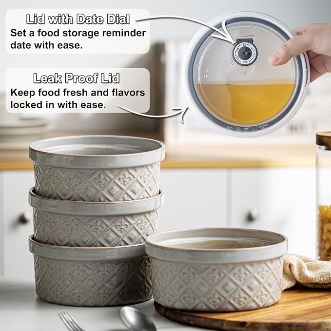 Ceramic Bowls with Lids set of 4, Soup Bowls, 28 oz Ramekins Baking Dishes for Kitchen, Food Storage Container Bowls Oven Safe, Bowls for Salad, Snack, Oatmeal, Fruit, Gifts, Grey - Image 6