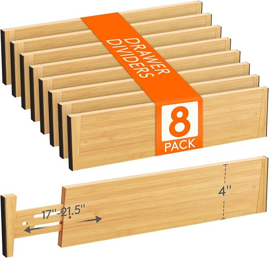 Lifewit 4" High 8 Pack Bamboo Drawer Dividers 43-54cm/17-21.5" Adjustable Wooden Drawer Organizer for Clothes/Utensils, Expandable Drawer Separator for Dresser/Kitchen/Bedroom/Office Organization by Lifewit