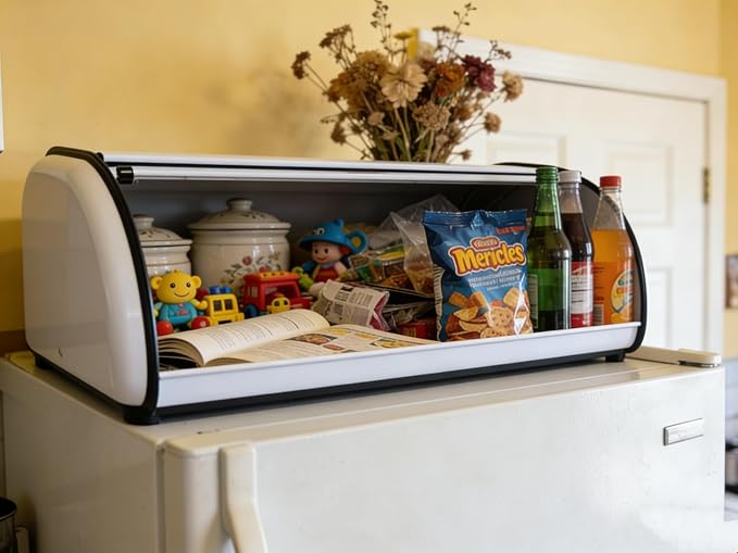 Large Metal Bread Box for Kitchen Countertop, White Roll Top Bin | Large stainless steel bread box with a smooth roll-top lid stores loaves, bagels and pastries, keeping countertop organized - Image 6