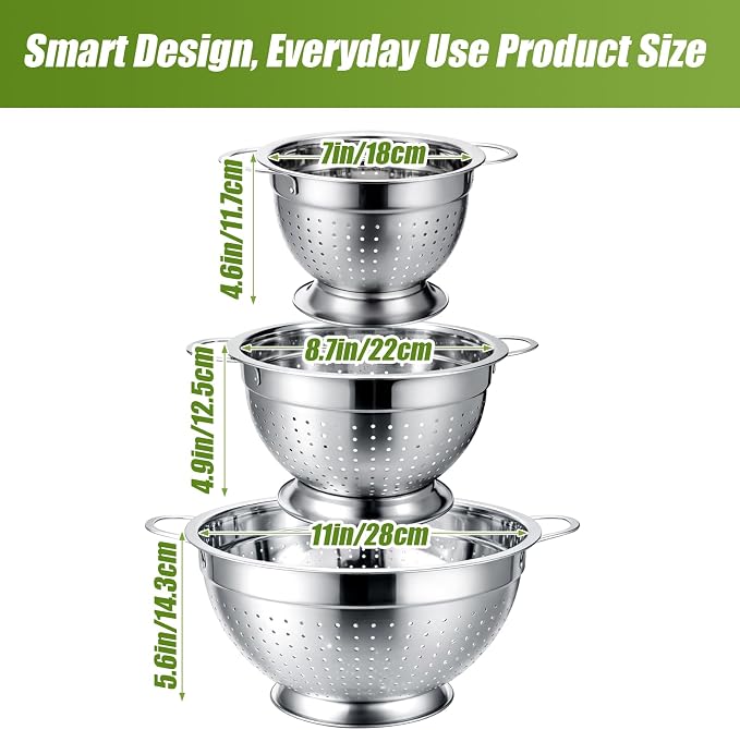 Palksky Stainless Steel Colander Set of 3, Nesting Metal Strainers with Handles and Raised Base, 7/8.7/11 Inch Kitchen Colanders for Pasta, Vegetables, Fruit, Rice, Salad and Meal Prep - Image 4
