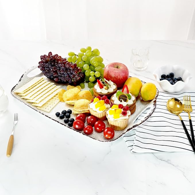 TP Melamine Serving Trays with Handles, 17” x 12”, Set of 2, Rustic White | Rectangular Trays, Serving Platters for Food and Meat, Dishwasher Safe, Lightweight, Break-resistant - Image 6