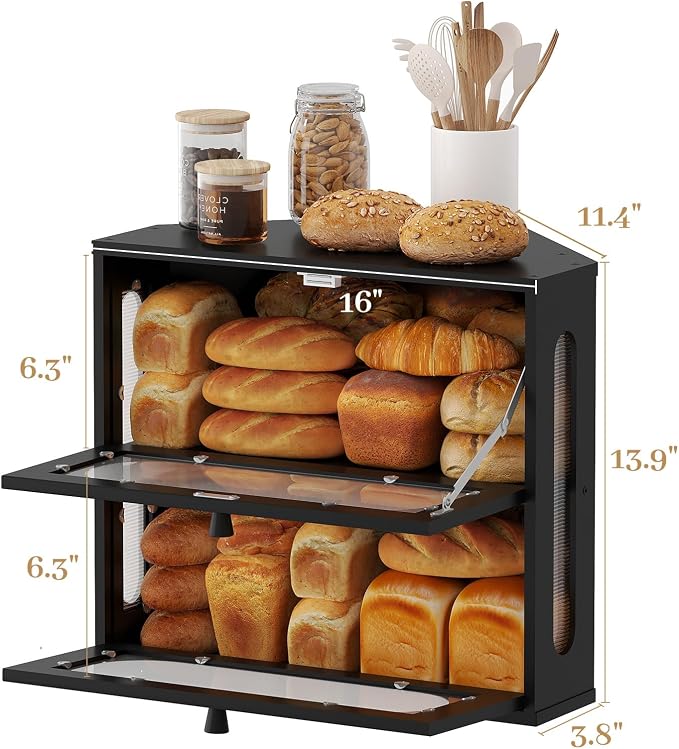 Corner Bread Box for Kitchen Countertop, 2026 New Double Layer Bamboo Bread Storage Bin, Large Bread Container for homemade bread (Black) - Image 9
