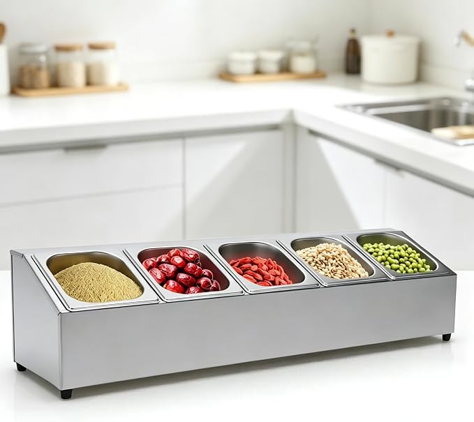 5 Pans Pizza Toppings Station Condiment Organizer Container Food Prep | Ingredients Holder Spice Rack Stainless Steel Candy Container Set with 5 Pans & Lids for Food Truck Restaurant Kitchen Buffet - Image 8