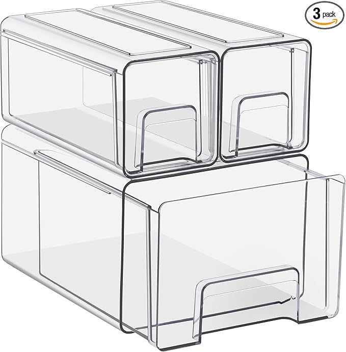 Sorbus 1 Large & 2 Small Clear Stackable Storage Drawers, Plastic Organizer Bins with Handles, Pull-Out Stackable Drawers for Bathroom Closet, Medicine, Cabinet, Pantry Storage, Baby Bottle Organizer by Sorbus