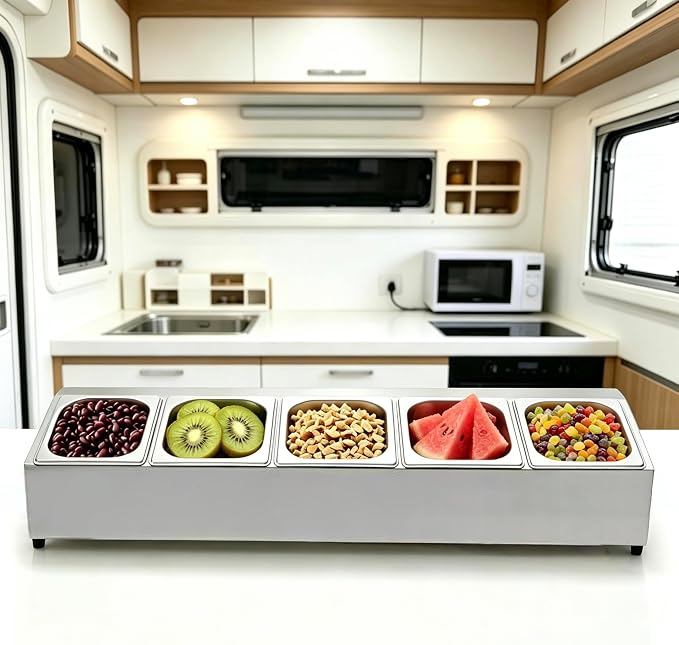 5 Pans Pizza Toppings Station Condiment Organizer Container Food Prep | Ingredients Holder Spice Rack Stainless Steel Candy Container Set with 5 Pans & Lids for Food Truck Restaurant Kitchen Buffet - Image 3