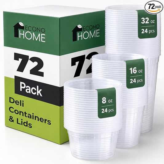 EconoHome Deli Containers with Lids 72 Pack – 24x8oz, 24x16oz, 24x32oz – BPA-Free, Microwave & Freezer Safe Clear Plastic Food Storage Containers for Meal Prep, Soups, Sauces & Leftovers by EconoHome