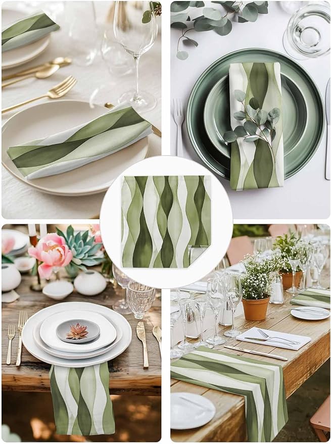 Sage Green Stripes Cloth Napkins Washable Set of 6, 20 x 20 Inch Reusable Retro Farmhouse Abstract Lines Dinner Table Napkins Cloth Bulk for Weddings Kitchen Restaurants Hotel Events Parties - Image 4