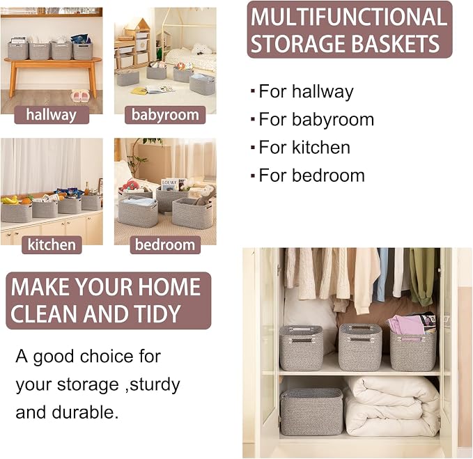 OIAHOMY 4 Pack Storage Baskets for Organizing, Cube Storage Bins for Shelves, Rectangle Storage Baskets With Handles, Woven Baskets for Storage, 16''Lx12''Wx8''H, Grey - Image 6