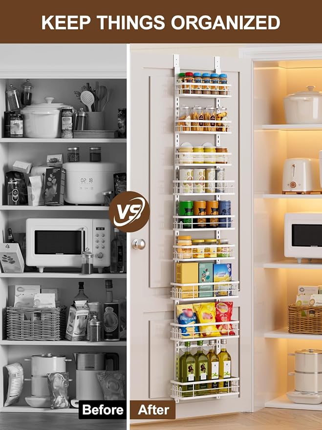 Delamu 9-Tier Over the Door Pantry Organizer, Adjustable Pantry Door Organizers and Storage, Metal Hanging Basket Wall Spice Rack Seasoning Organizer, Door Organizer Kitchen Bedroom Bathroom,12"White - Image 8