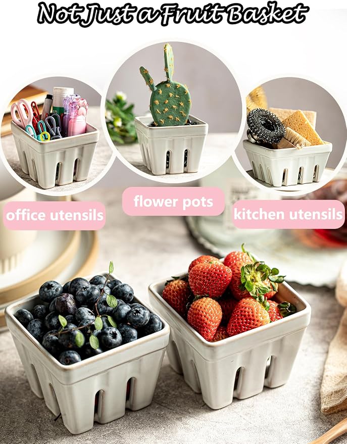 Gomakren Ceramic Berry Basket Set of 2, Square Fruit Bowl with Holes, Small Fruit Basket Containers for Kitchen Counter, Berries, Strawberry, Grape, Cherry, White - Image 5