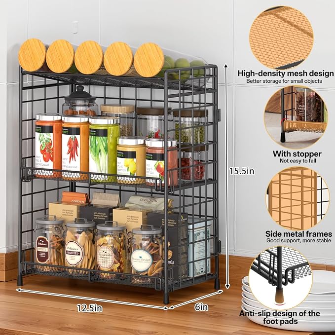 DTUQYX Bathroom Counter Storage Organizer, 3 tier Flodable Perfume Make up Organizers for Vanity, Installation-free Metal Seasoning Shelf Spice Rack for Countertop, Kitchen, Cabinet, Bedroom, RVs - Image 3