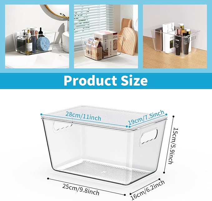 Clear Fridge Organizer with Handles & Lids, 6 Pack Large 11.5×7.5×6 Inch | Stackable Clear storage bins with handles, food organizer basket for kitchen, fridge, freezer - Image 3