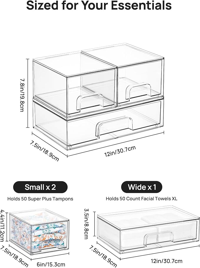 Vtopmart Stackable Storage Drawers Set of 3,Clear Plastic Organizer Bins for Makeup, Cosmetics, Beauty Supplies,Ideal for Vanity, Bathroom,Cabinet,Pantry Organization - Image 2