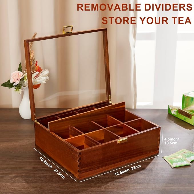 HouseJoy Wood Tea Bag Organizer: 12 Compartments with Clear Glass Lid | Acacia Wood-Large Capacity-Tea Bag Storage Holder for Countertop Kitchen Pantry-Gift For Tea Lover-Keep Tea Bag Fresh - Image 2