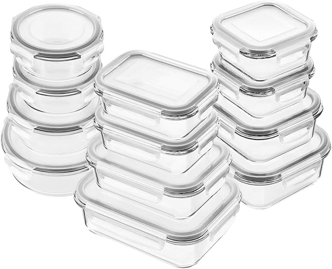 Bayco Glass Food Storage Containers, [24 Piece] Airtight Meal Prep Bento Boxes, Leak Proof (12 lids & 12 Containers) - White by Bayco