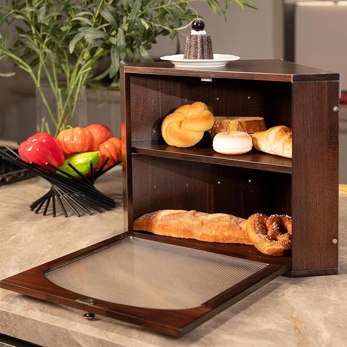 Corner Bread Box for Kitchen Countertop, Solid Wood, Walnut | 2-Tier Large Capacity, Wooden Bread Box, Vintage Farmhouse Breadbox, Pine Wood, Bread Storage Container, Adjustable Shelf - Image 7