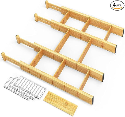 SpaceAid Bamboo Drawer Dividers with Inserts and Labels, Kitchen Adjustable Drawer Organizers, Expandable Organization for Home, Office, Dressers, 4 Dividers with 9 Inserts (17"-22" Natural) by SpaceAid