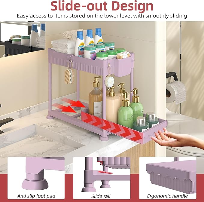 4-Pack 2-Tier Under Sink Organizer with Pull Out Drawers | Multi-use kitchen & bathroom storage. Includes hanging hooks and cups. Pink, space-saving cabinet design. 14.8 Inch - Image 3