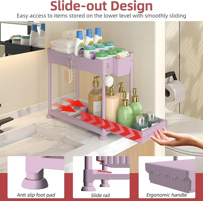 4-Pack 2-Tier Under Sink Organizer with Pull Out Drawers | Multi-use kitchen & bathroom storage. Includes hanging hooks and cups. Pink, space-saving cabinet design. 14.8 Inch - Image 3
