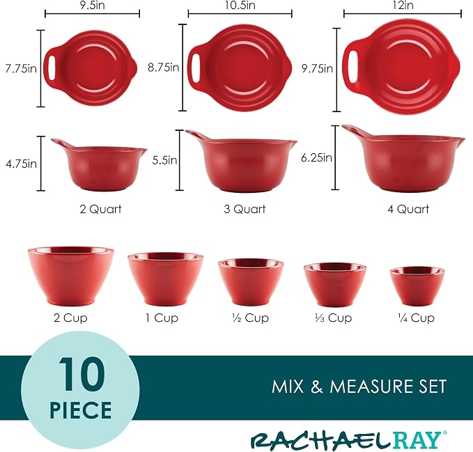 Rachael Ray Pantryware Nesting Mixing Bowls with Built-in spouts and Handles and Measuring Cups For Space-saving storage, Utensil Set, Dishwasher Safe, 10 Piece, Red - Image 3