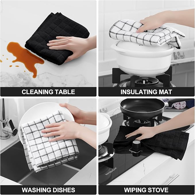 Homaxy Large Premium Cotton Kitchen Towels 16"x 28", 8 Pack, Black | Natural Ring Spun 390 GSM Dish Towels, Super Absorbent Terry Kitchen Hand Towels, Soft Tea Towels with Hanging Loop - Image 4