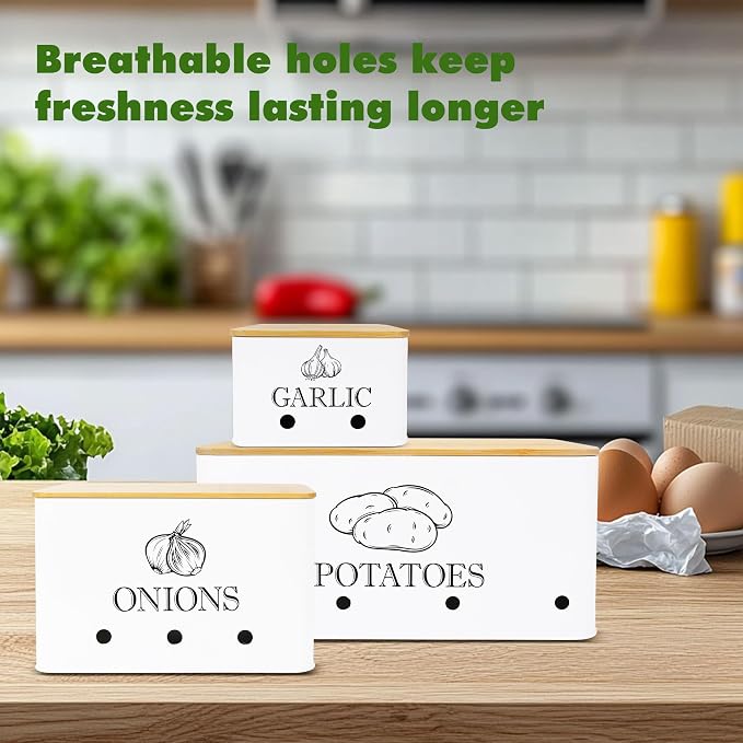 Kitchen Metal Vegetable Storage Bins,Metal Potato Onion Garlic Storage Set of 3 with Aerating Holes and Bamboo Lids,Farmhouse Canisters Sets for the Kitchen Countertop (1, Rectangular) - Image 2