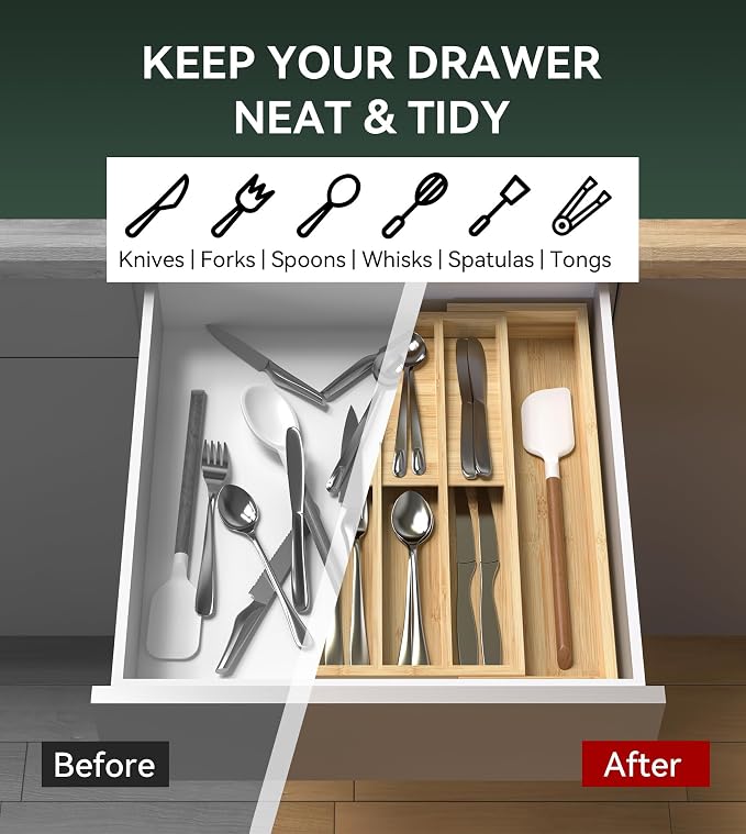 Expandable Silverware Drawer Organizer for Utensil,Bamboo 10 Slot | 10.6”-16" Wx16.7”Dx1.97”H, Vertical Storage, Kitchen Cutlery Tray Dividers for Spoons Forks Knives - Image 6