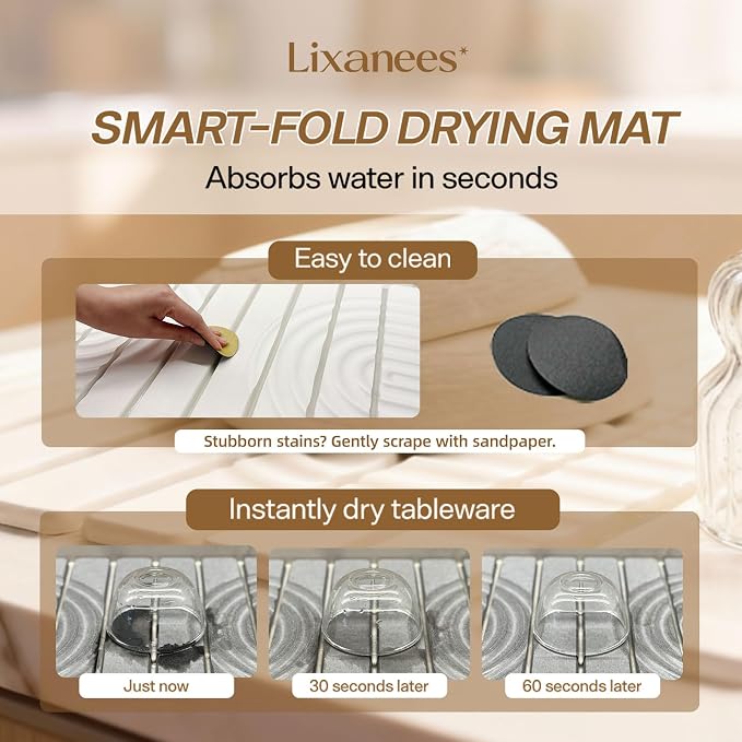 Stone Drying Mat for Kitchen Counter, 23.62"X15.35" Absorbent Diatomaceous Collapsible Quick Drying Dish Mats，Roll This Non-Slip Highly Absorbent Drying Mat Into a Compact Size for Seamless Storage - Image 3