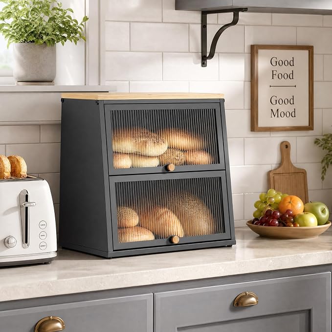 Urackify Bread Box for Kitchen Countertop – 2-Tier Bread Storage Container, Metal Breadbox with Acrylic Wavy Door, Wood Top, Magnetic Seal, Anti-Slip Base, 14.96x9.84x13.78 inch, Black - Image 2