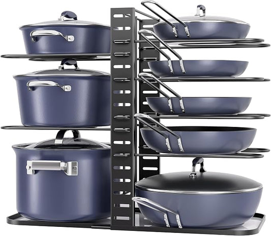 Pots and Pans Organizer Under Cabinet 14.6", 8-Tier Adjustable Rack | 3 DIY Modes, Tool-Free Assembly, Fits 6–11" Lightweight Cookware, For Kitchen Cabinets, Shelves & Countertops Pot Organizer by ORDORA
