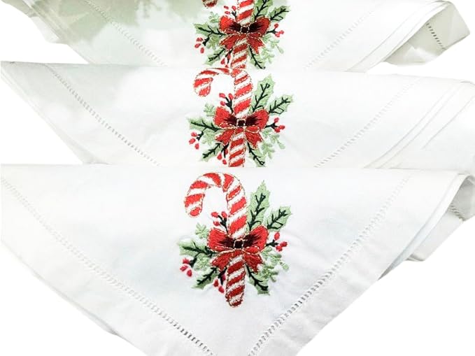 Embroidered Cloth Napkin Red Candy Cane and Holly Christmas Cotton Napkins Set of 6, 20x20 Hemstitch Table Napkins Machine Washable, Daily & Christmas, Great Present Ideas by Unknown